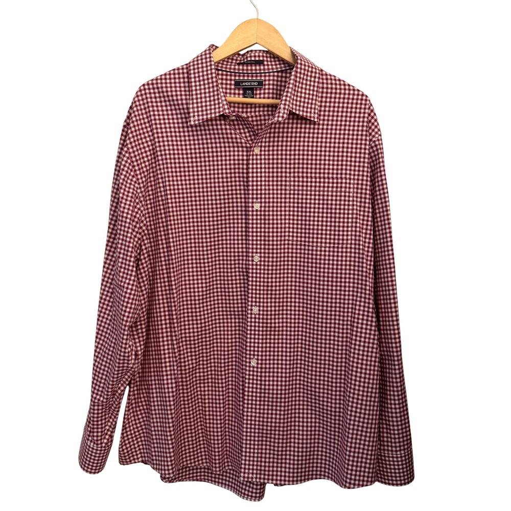 Lands' End Button Down Mens XXL Burgundy Excellent Gingham No Iron Twill Shirt